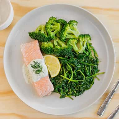 Poached Salmon, Steamed Spinach, Steamed Broccoli