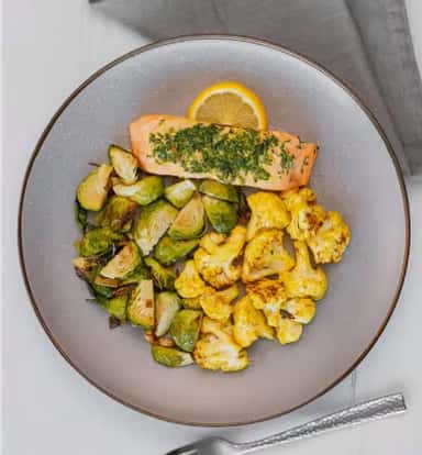 Herb-Roasted Salmon, Roasted Brussels Sprouts, Roasted Cauliflower