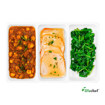 Chickpea Masala, Roasted Turkey Breast, Steamed Spinach