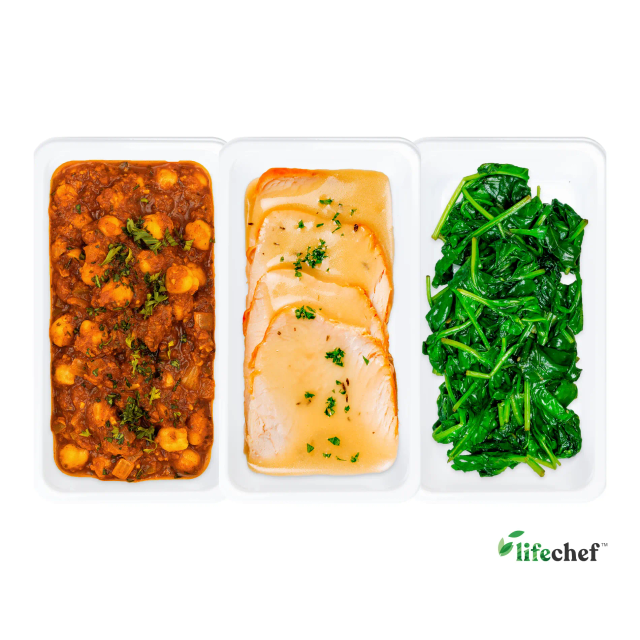 Chickpea Masala, Roasted Turkey Breast, Steamed Spinach