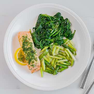 Asparagus, Herb-Roasted Salmon, Steamed Spinach
