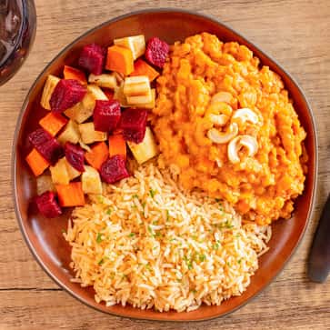 Basmati Rice Pilaf, Red Lentil Curry, Roasted Root Vegetables