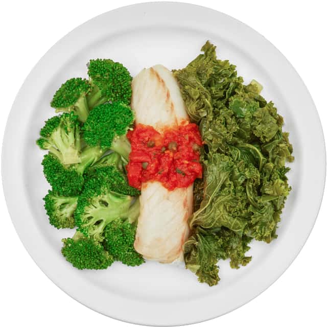 Cod with Tomato and Capers, Braised Kale, Steamed Broccoli