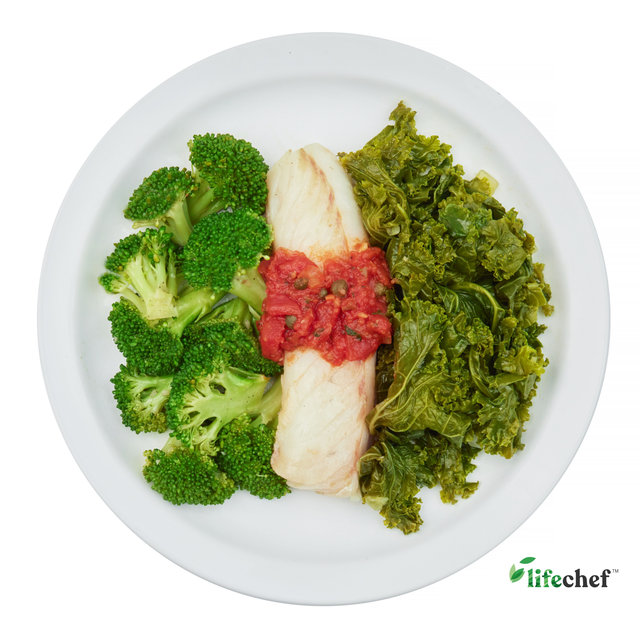 Cod with Tomato and Capers, Braised Kale, Steamed Broccoli