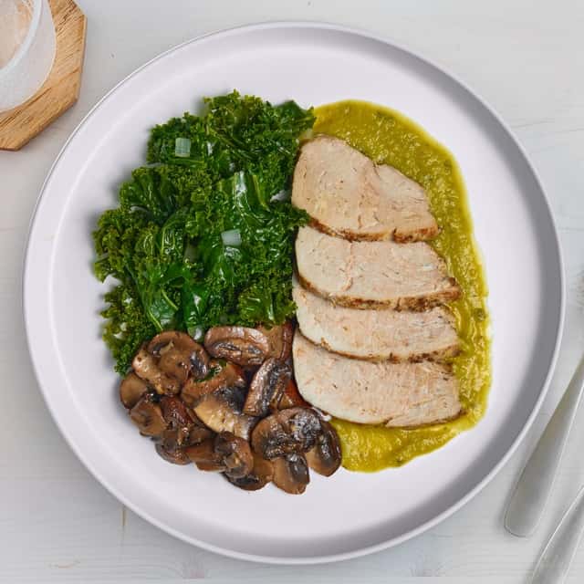 Grilled Pork with Salsa Verde, Braised Kale, Roasted Mushrooms