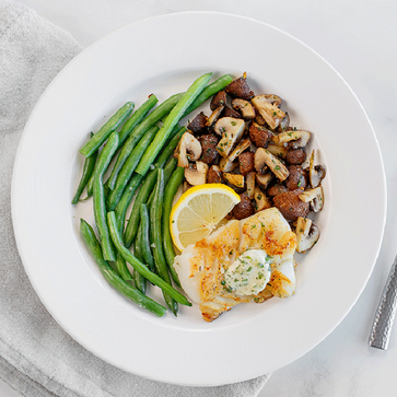 Cod with Lemon & Herb Butter, Green Beans, Roasted Mushrooms
