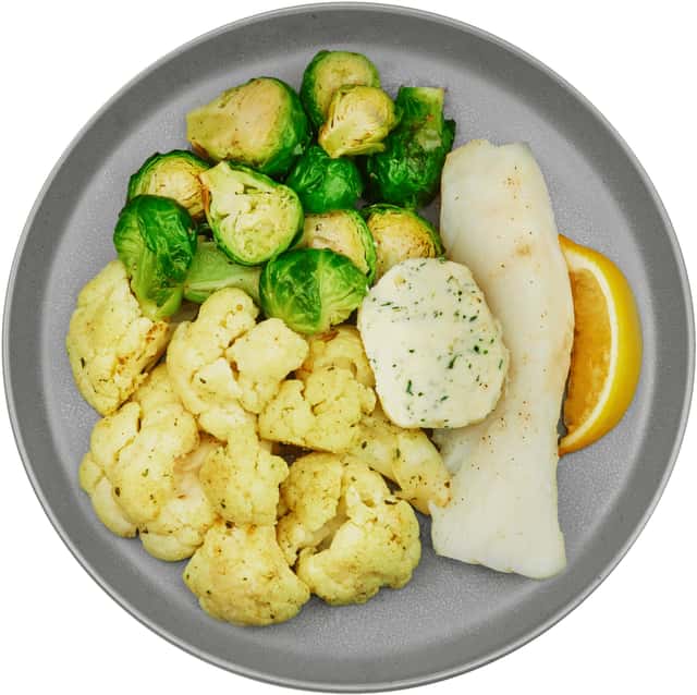 Cod with Lemon & Herb Butter, Roasted Brussels Sprouts, Roasted Cauliflower