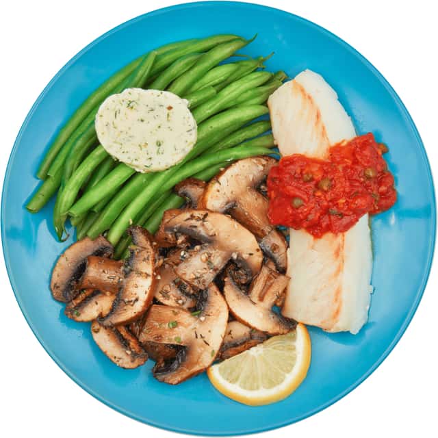 Cod with Tomato and Capers, Green Beans, Roasted Mushrooms