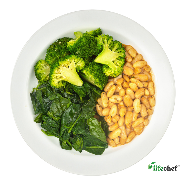 Creamy White Beans, Steamed Broccoli, Steamed Spinach
