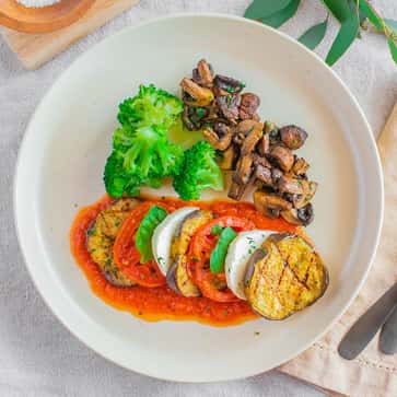 Grilled Eggplant Caprese, Roasted Mushrooms, Steamed Broccoli
