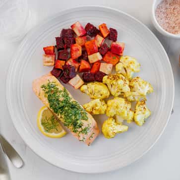 Herb-Roasted Salmon, Roasted Cauliflower, Roasted Root Vegetables