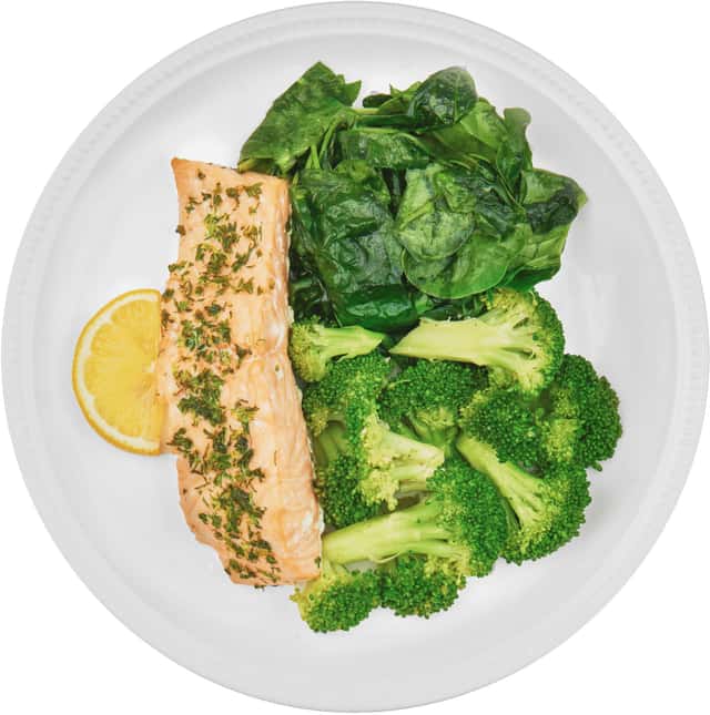 Herb-Roasted Salmon, Steamed Spinach, Steamed Broccoli