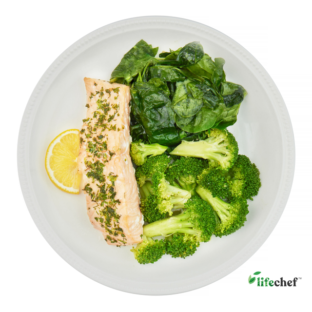 Herb-Roasted Salmon, Steamed Broccoli, Steamed Spinach
