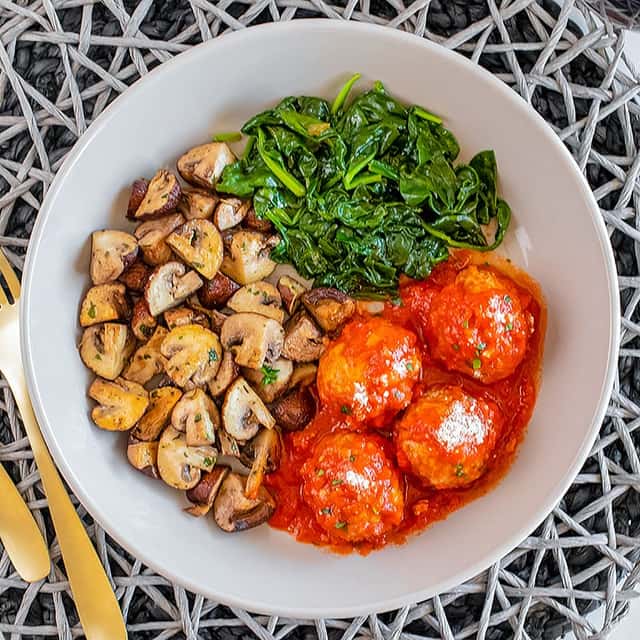 Italian Meatballs, Roasted Mushrooms, Steamed Spinach
