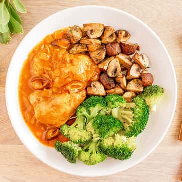 Moroccan Chicken, Roasted Mushrooms, Steamed Broccoli