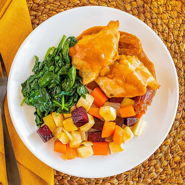 Moroccan Chicken, Roasted Root Vegetables, Steamed Spinach