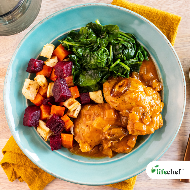 Moroccan Chicken, Steamed Spinach, Roasted Root Vegetables