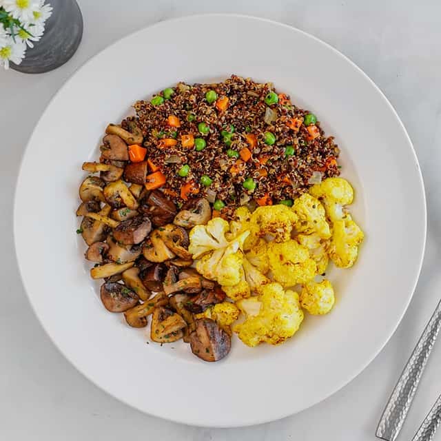 Quinoa Pilaf, Roasted Cauliflower, Roasted Mushrooms