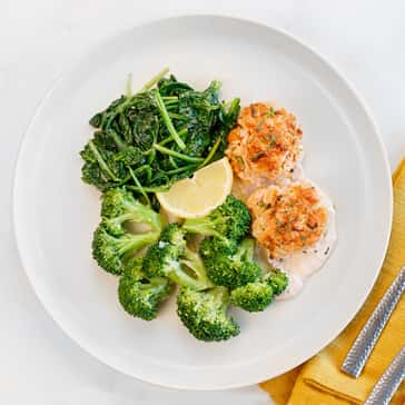 Shrimp and Salmon Cake, Steamed Spinach, Steamed Broccoli