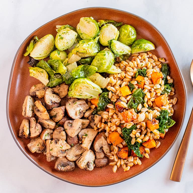 Roasted Brussels Sprouts, Roasted Mushrooms, Farro with Butternut Squash
