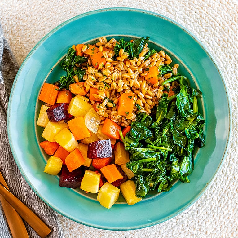 Roasted Root Vegetables, Steamed Spinach, Farro with Butternut Squash