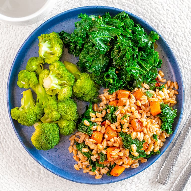 Braised Kale, Steamed Broccoli, Farro with Butternut Squash
