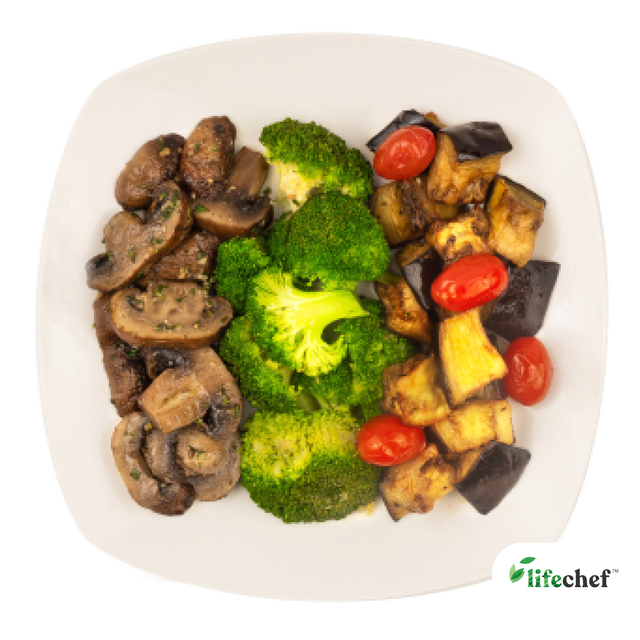 Steamed Broccoli, Roasted Mushrooms, Roasted Eggplant