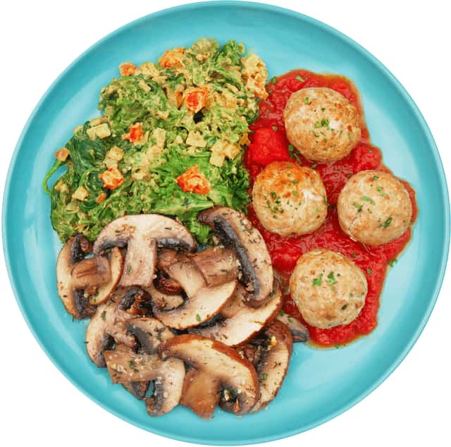 Roasted Mushrooms, Indian Spiced Spinach and Kale, Turkey Italian Meatballs
