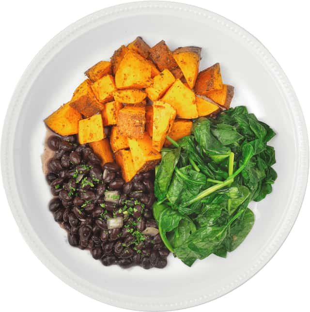 Steamed Spinach, Roasted Sweet Potato, Mexican Black Beans