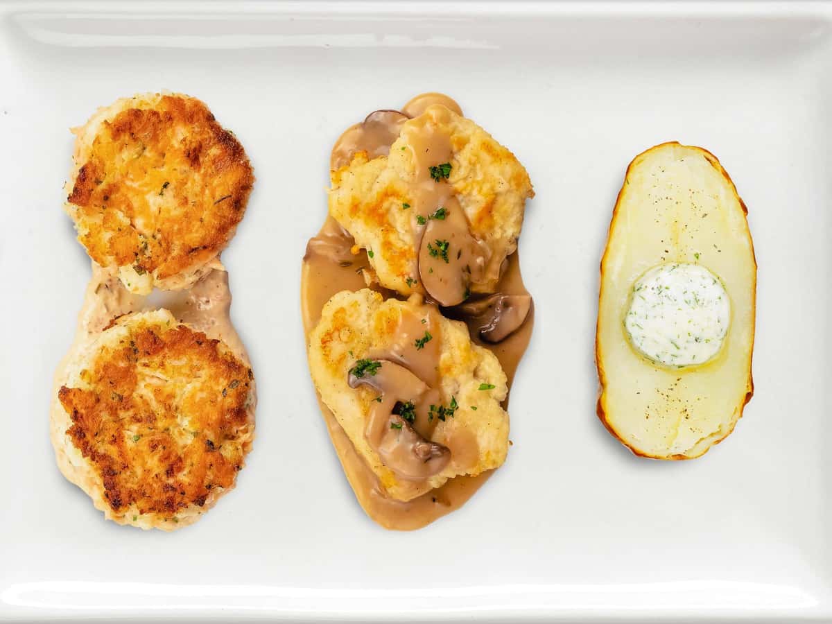 Shrimp and Salmon Cake, Chicken Marsala, Baked Potato — Healthy ...